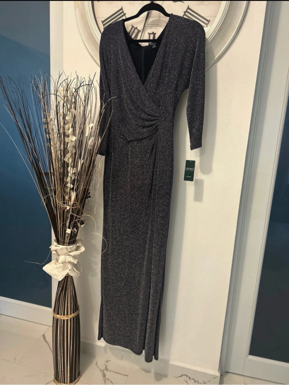 Ralph Lauren Gunmetal Sparkle Wrap-Front Maxi Dress very classy